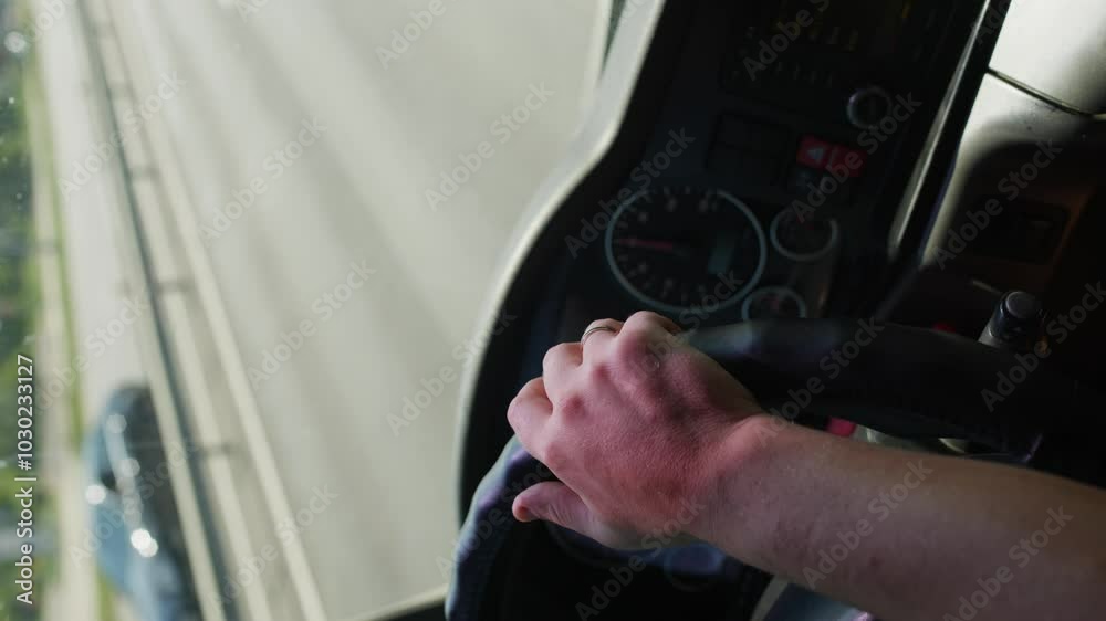 Hands of Truck Driver Gripping the Steering Wheel: Focus on Long-Haul Freight Transport and Large Cargo Delivery Over Extended Distances. High quality 4k footage Hands of Truck Driver Gripping the Steering Wheel: Focus on Long-Haul Freight Transport and Large Cargo Delivery Over Extended Distances. High quality 4k footage
