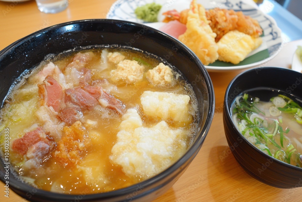 Tasty tempura udon with crispy shrimp and sides at a Japanese restaurant Tasty tempura udon with crispy shrimp and sides at a Japanese restaurant