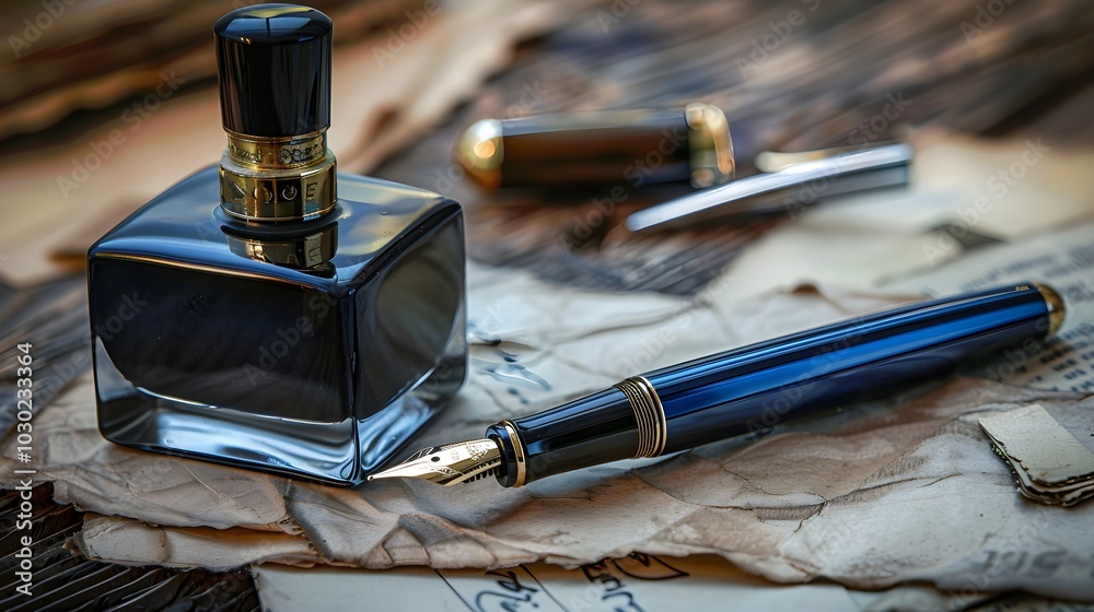 Naklejka premium Elegant Vintage Blue Fountain Pen and Ink Bottle on an Organized Office Desk