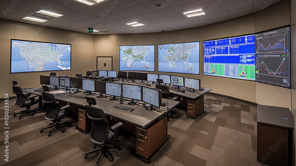 Modern Command Center with Large Monitors Displaying Maps and Data Modern Command Center with Large Monitors Displaying Maps and Data