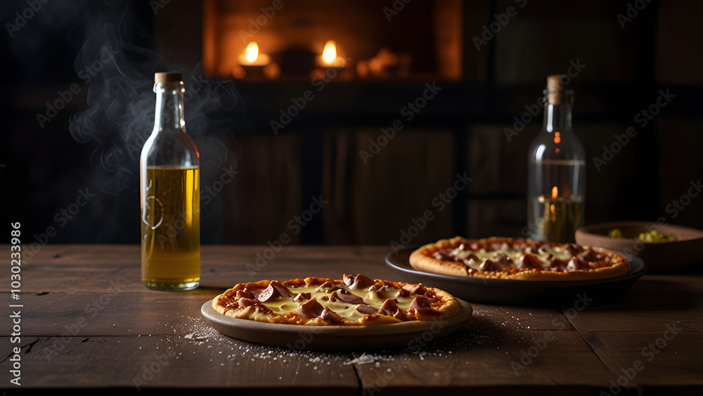 Rustic Pizzas with Olive Oil in Warm Lighting Rustic Pizzas with Olive Oil in Warm Lighting