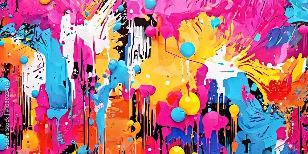 A colorful painting with splatters of paint on it A colorful painting with splatters of paint on it