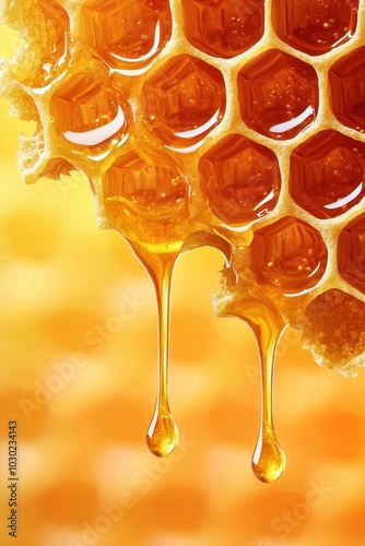 Detailed Close up of Honeycomb Structure with Dripping Golden Honey