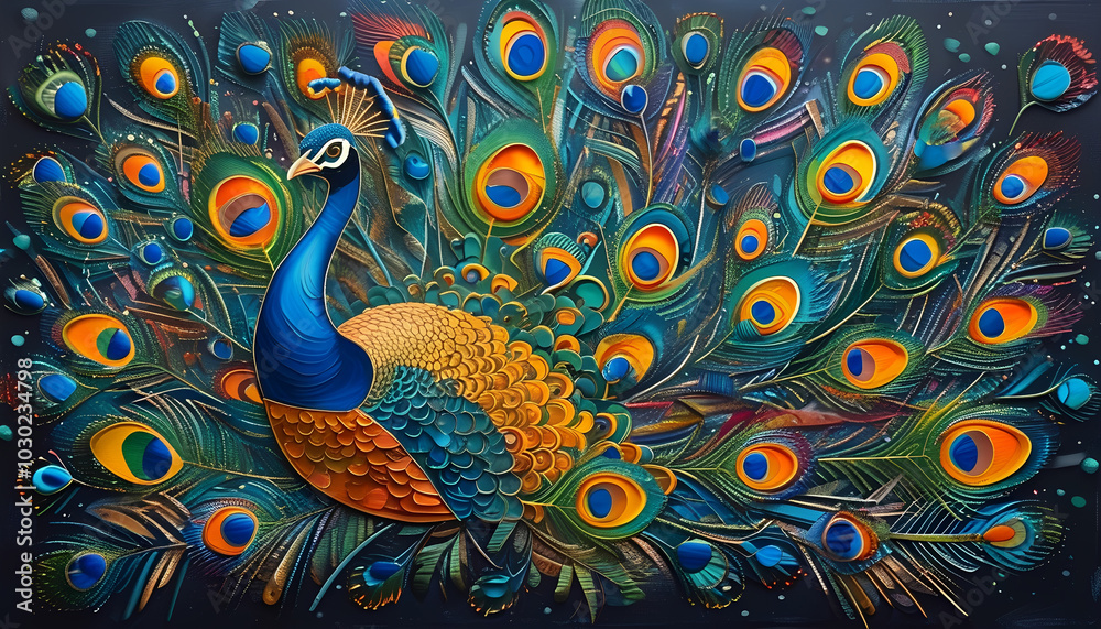 Fototapeta premium A vibrant peacock with intricate, layered paper feathers, radiating outward against a dark, starry background