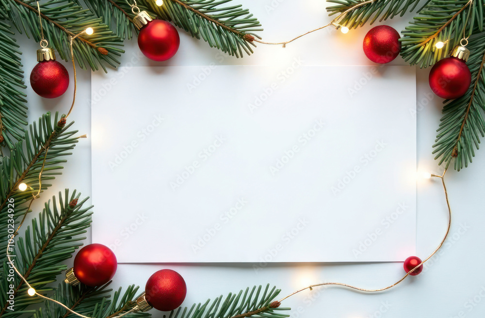 Blank of paper business card mockup design with copy space decorated with Christmas fir tree branches and red New Year balls. Festive certificate. Greeting invitation. Holiday postcard. Xmas template Blank of paper business card mockup design with copy space decorated with Christmas fir tree branches and red New Year balls. Festive certificate. Greeting invitation. Holiday postcard. Xmas template