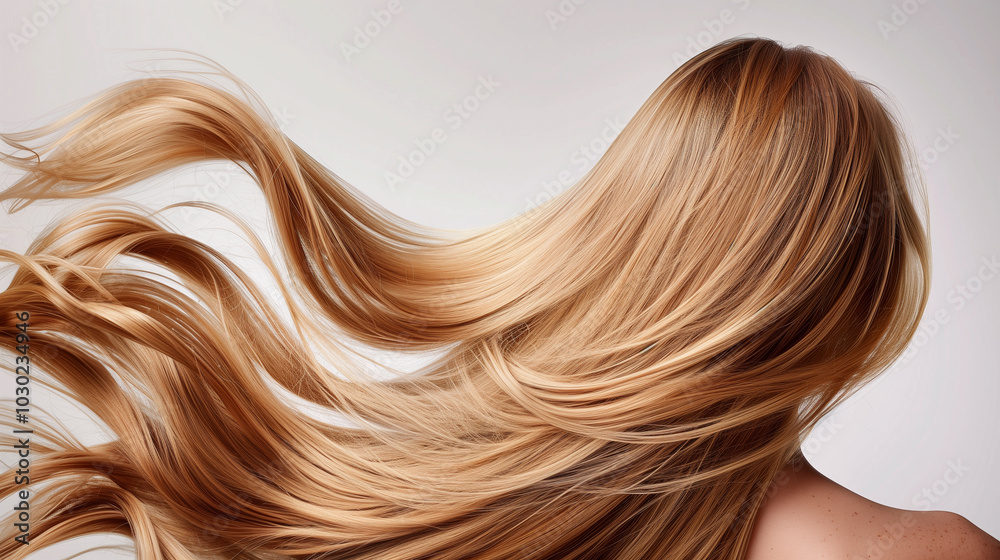 Fototapeta premium A close-up of a woman with thick, flowing honey blonde hair, full of shine and vitality, haircare campaign