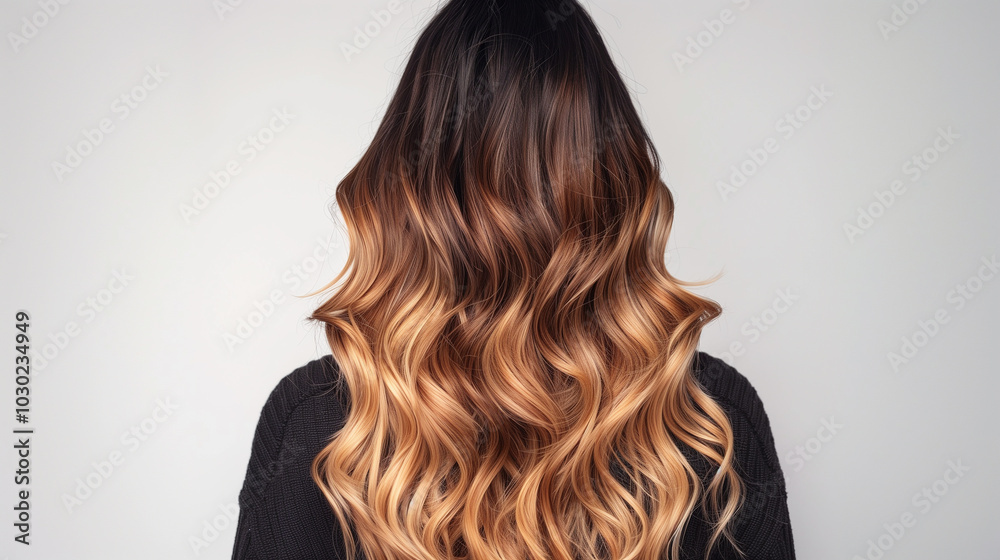 Fototapeta premium A back view of a woman with healthy, voluminous brown hair in various shades, beautifully blending from dark to light, hair dye