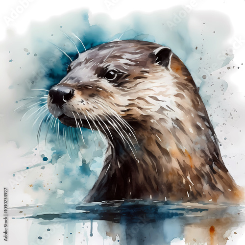 Watercolor style head portrait of a wet otter. Eurasian otter (Lutra lutra)