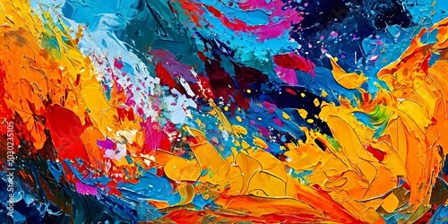 A painting of a colorful ocean with splatters of paint