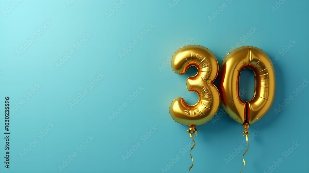Banner with number 30 golden balloon with copy space. thirty years anniversary celebration concept on a blue background Banner with number 30 golden balloon with copy space. thirty years anniversary celebration concept on a blue background