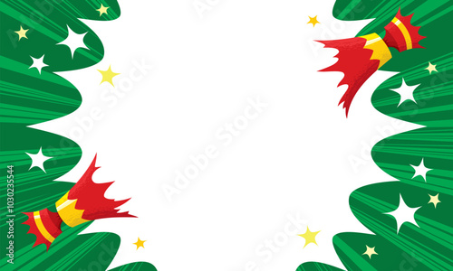 Christmas cracker in red and gold pulled open with cartoon flash bang starburst over xmas green background with rays explosion panel with large white text area