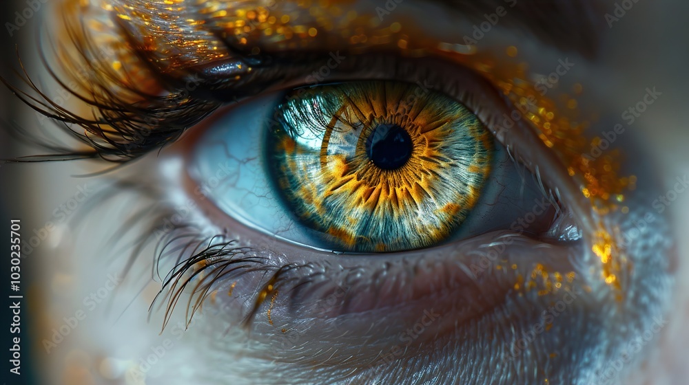 Close Up of a Human Eye with Gold Glitter Makeup Close Up of a Human Eye with Gold Glitter Makeup