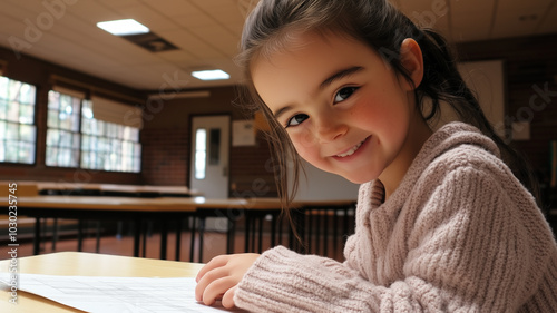 A cheerful little girl enjoying her time at a classroom table, engaged in writing activities on a sunny afternoon