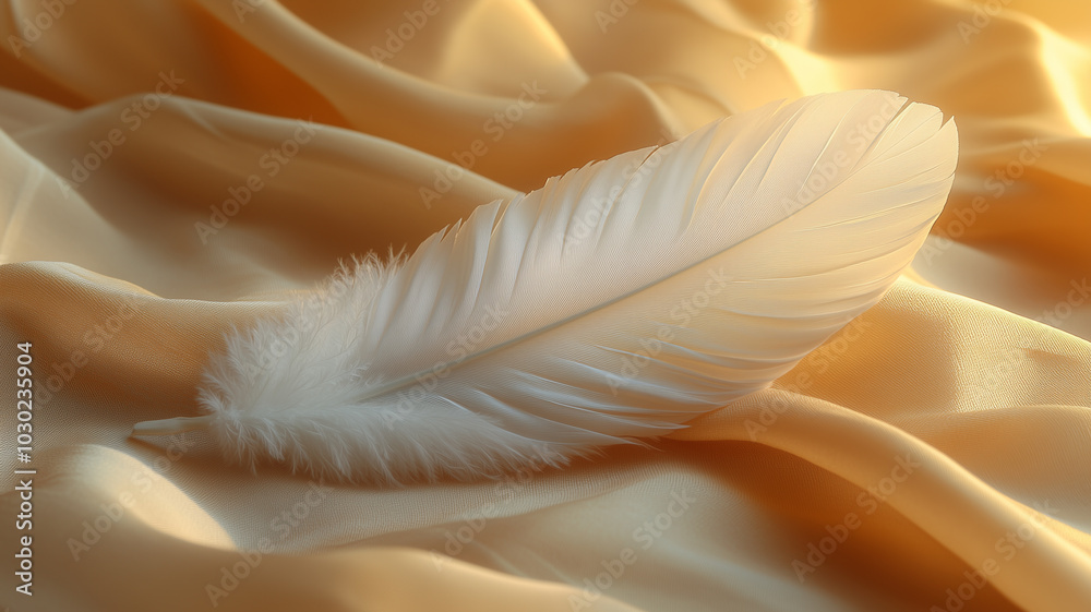 A delicate white feather resting on warm beige fabric, capturing a moment of tranquility and softness in natural surroundings A delicate white feather resting on warm beige fabric, capturing a moment of tranquility and softness in natural surroundings