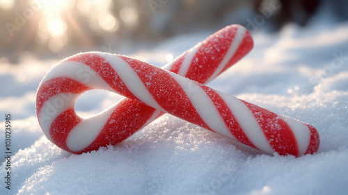 Two festive candy canes intertwined on a snowy landscape during the winter holiday season