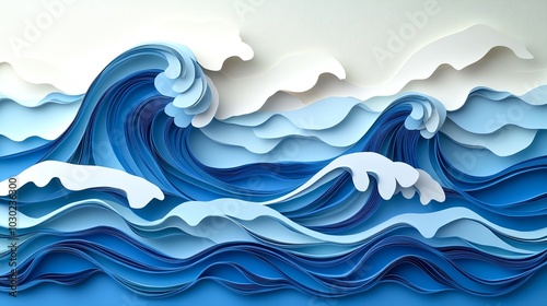 Repeating paper cut wave pattern with smooth curves, creating a fluid and dynamic wall decoration, paper cut waves, decorative ocean pattern