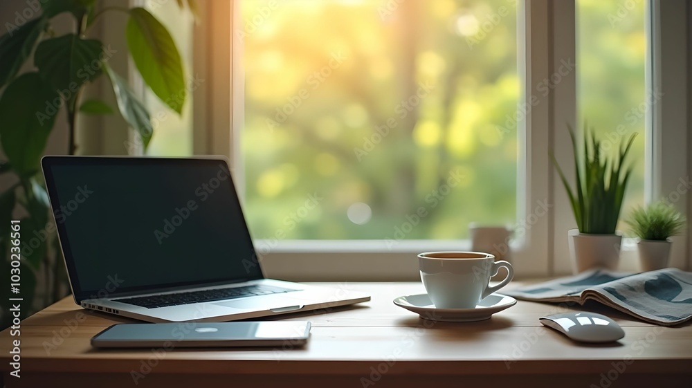 custom made wallpaper toronto digitalA comfortable home office setting with modern gadgets, a cup of coffee, a laptop, and a window view of nature, representing a peaceful and productive remote work lifestyle