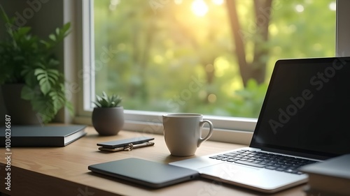 A comfortable home office setting with modern gadgets, a cup of coffee, a laptop, and a window view of nature, representing a peaceful and productive remote work lifestyle