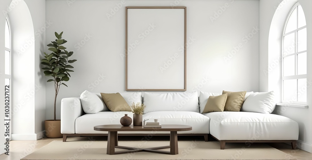Grunge old accent coffee table near white sofa against arched window and white wall with big art poster frame. Minimalist, art deco interior design of modern living room, home. Grunge old accent coffee table near white sofa against arched window and white wall with big art poster frame. Minimalist, art deco interior design of modern living room, home.