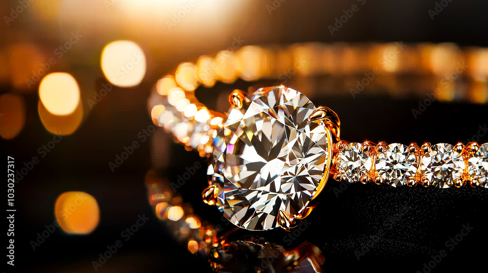 Diamond Engagement Ring:  A stunning diamond engagement ring sparkles under soft, warm lighting. The ring's intricate details and brilliant cut create a captivating visual.