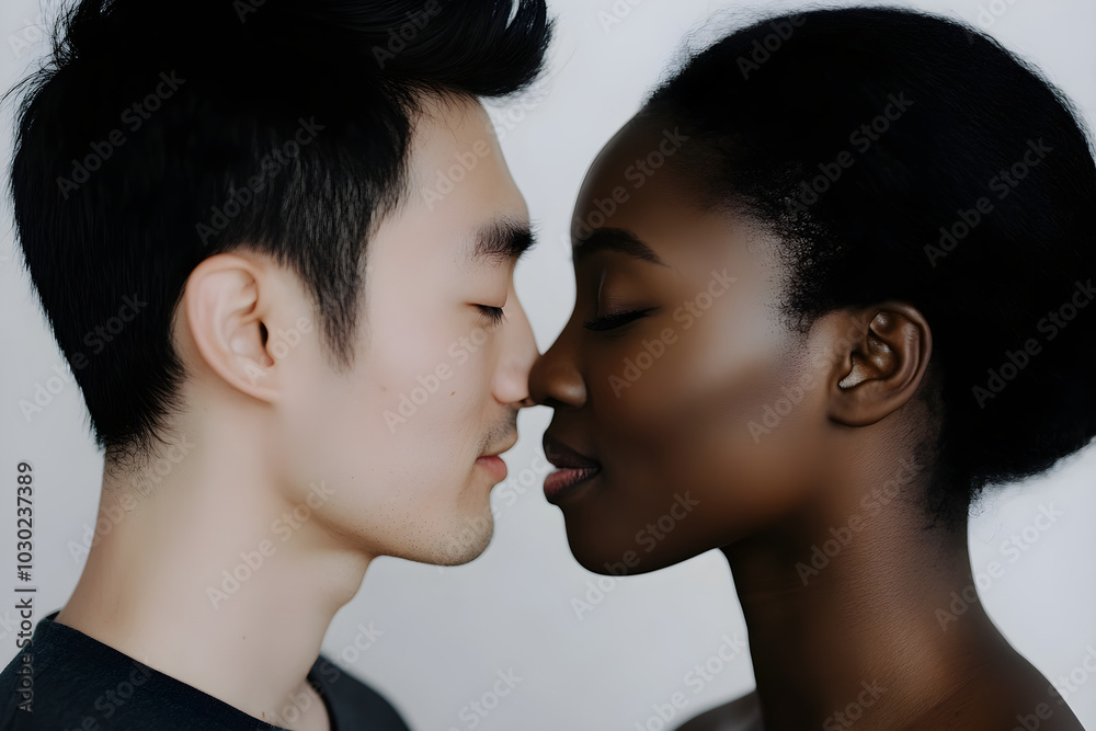 A minimalistic embrace between an Asian man and a Black woman highlights intimacy and connection in a serene setting A minimalistic embrace between an Asian man and a Black woman highlights intimacy and connection in a serene setting