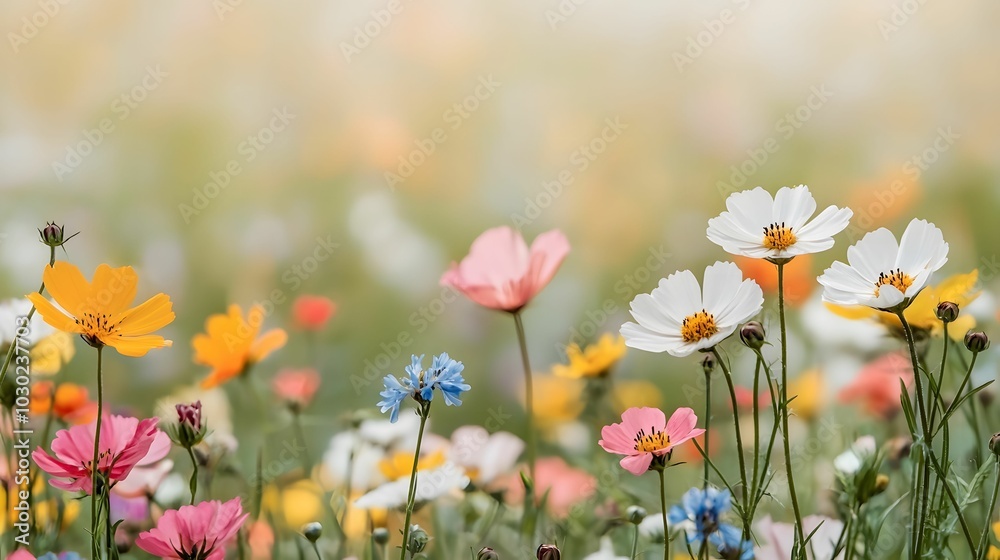 A vibrant field of colorful flowers blooms under soft light, creating a serene and picturesque natural scene. A vibrant field of colorful flowers blooms under soft light, creating a serene and picturesque natural scene.