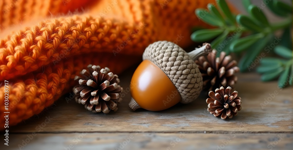 Acorn, pine cones and orange knitted blanket on a wooden table with space for text Acorn, pine cones and orange knitted blanket on a wooden table with space for text