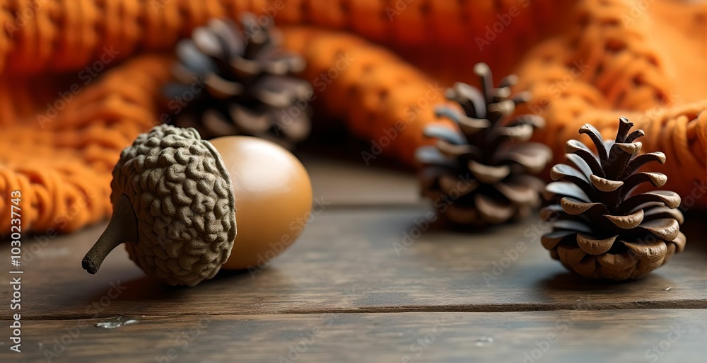 Acorn, pine cones and orange knitted blanket on a wooden table with space for text Acorn, pine cones and orange knitted blanket on a wooden table with space for text