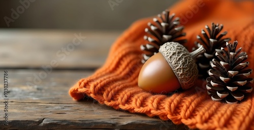 Acorn, pine cones and orange knitted blanket on a wooden table with space for text