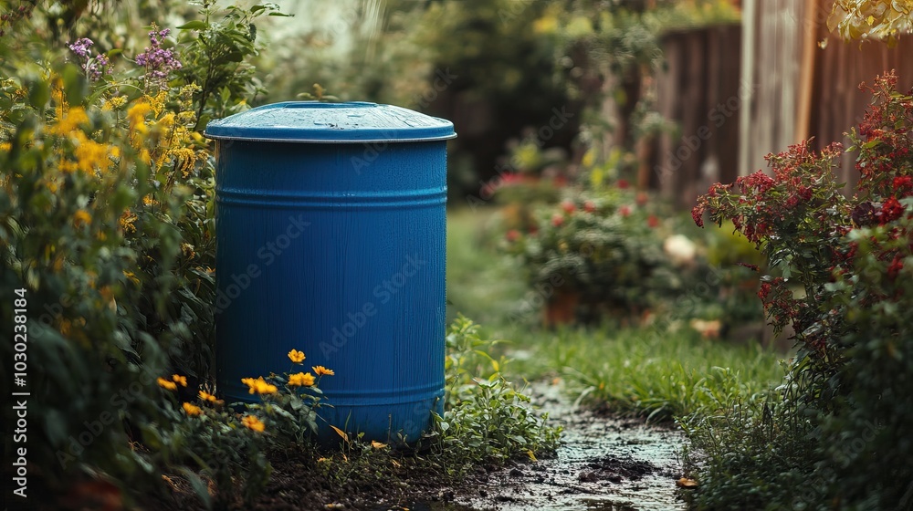 Blue Trash Can in a Lush Garden Blue Trash Can in a Lush Garden