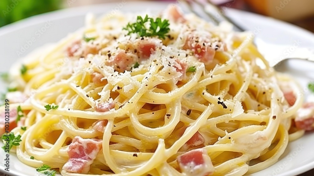 Close-up of spaghetti carbonara with bacon, parsley, and parmesan cheese Close-up of spaghetti carbonara with bacon, parsley, and parmesan cheese
