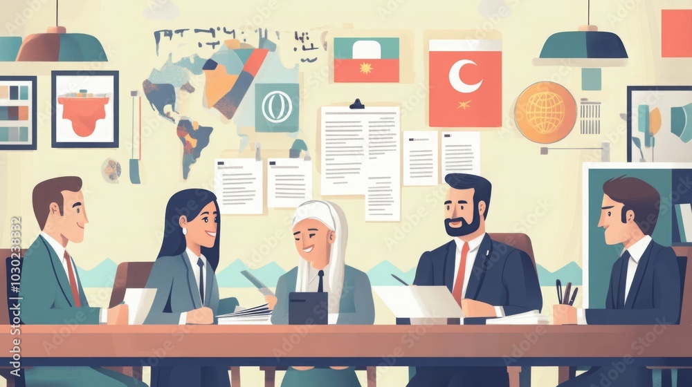 A group of five people are gathered around a table in a meeting room. The room has a map of the world on the wall and papers and flags that suggest an international meeting A group of five people are gathered around a table in a meeting room. The room has a map of the world on the wall and papers and flags that suggest an international meeting