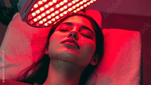 A woman relaxes while receiving a red light therapy treatment