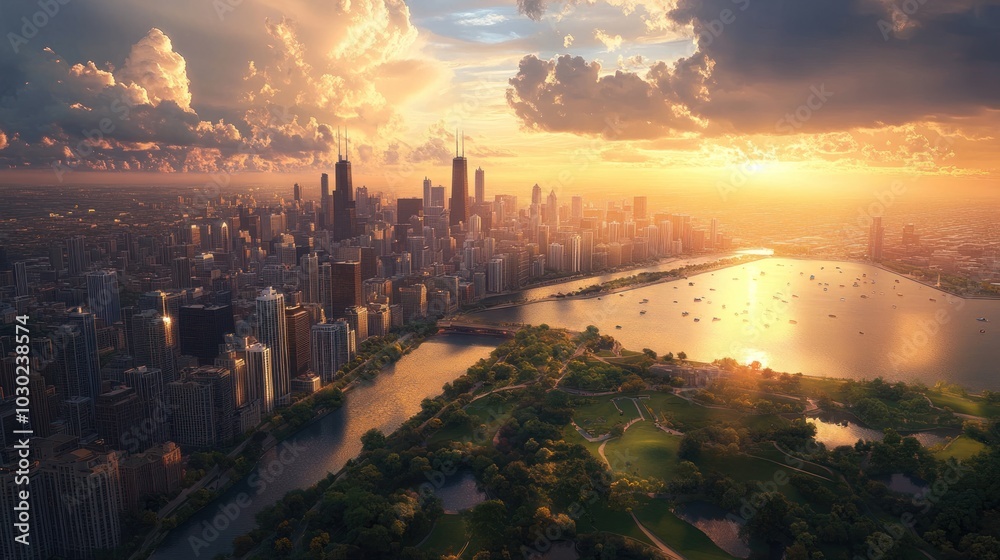 Fototapeta premium Aerial view of a modern city at sunset with a river and a park.