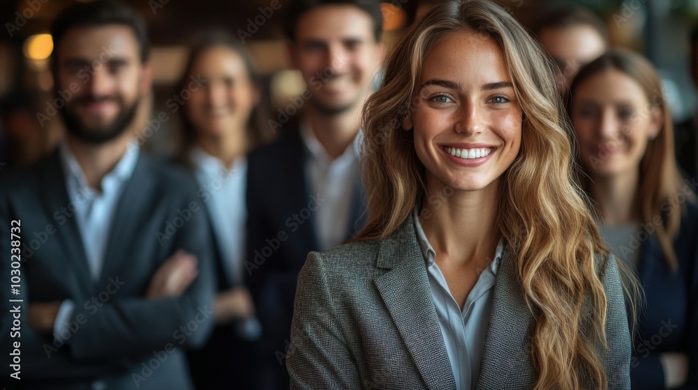 A smiling businesswoman stands in front of a group of colleagues, all looking confident and successful. A smiling businesswoman stands in front of a group of colleagues, all looking confident and successful.