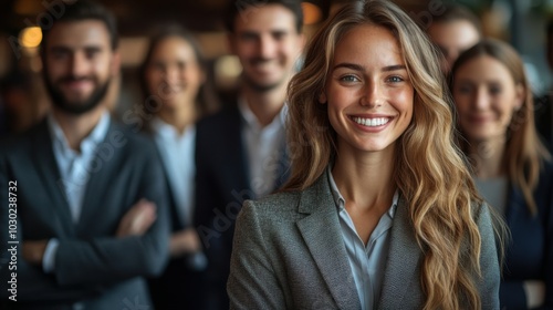 A smiling businesswoman stands in front of a group of colleagues, all looking confident and successful.