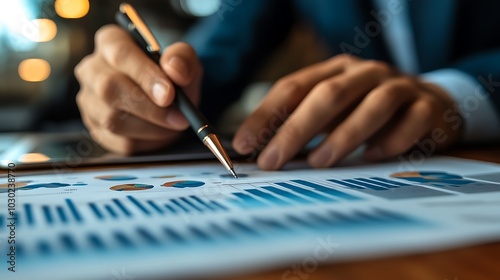 A businessman's hand points at a financial report with a pen.