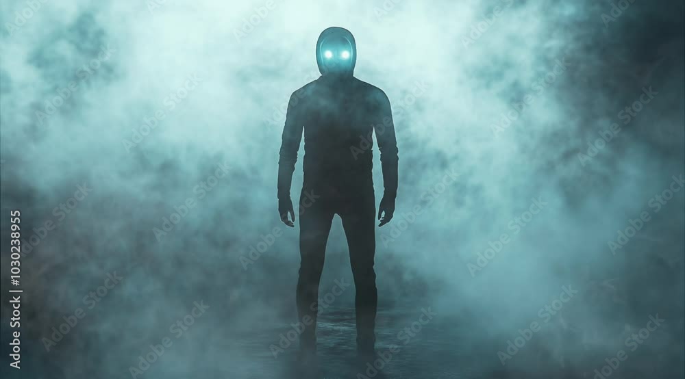 alien figure emerges from the fog, illuminated by glowing eyes, creating an eerie atmosphere during a nighttime exploration in a deserted setting, copy space, halloween mood alien figure emerges from the fog, illuminated by glowing eyes, creating an eerie atmosphere during a nighttime exploration in a deserted setting, copy space, halloween mood