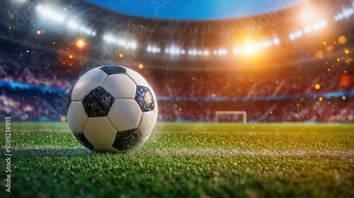 Soccer Ball on a Field with a Blurred Stadium in the Background