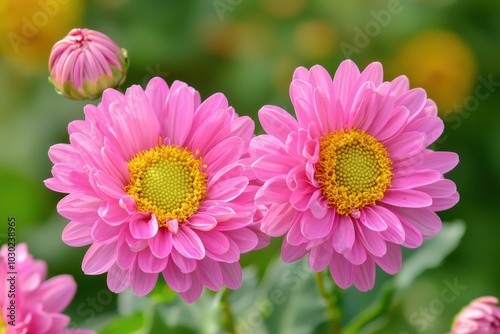 Vibrant pink daisies bloom under the warm sun in a lush garden bursting with color