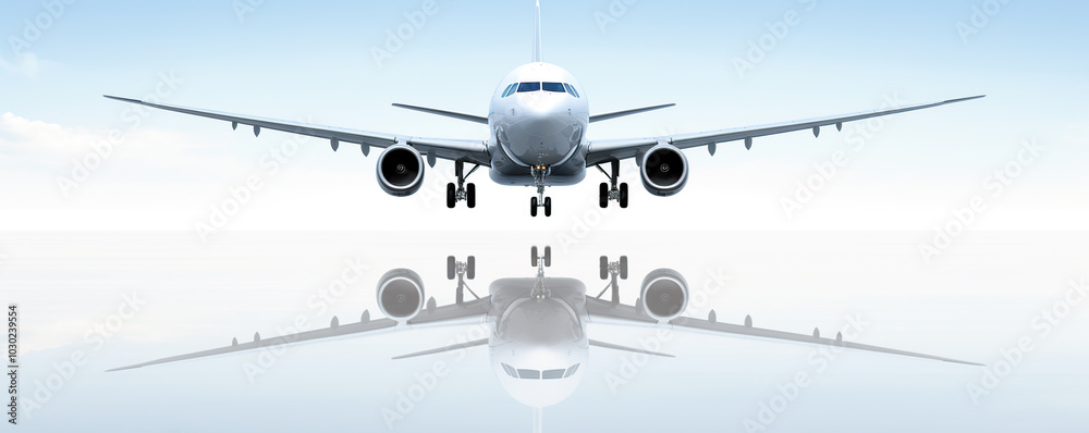Commercial airplane preparing for takeoff against a clear blue sky reflected on a smooth airport runway Commercial airplane preparing for takeoff against a clear blue sky reflected on a smooth airport runway