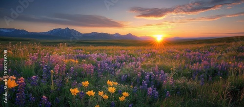 Vibrant wildflowers in a field at sunset with mountains in the background.