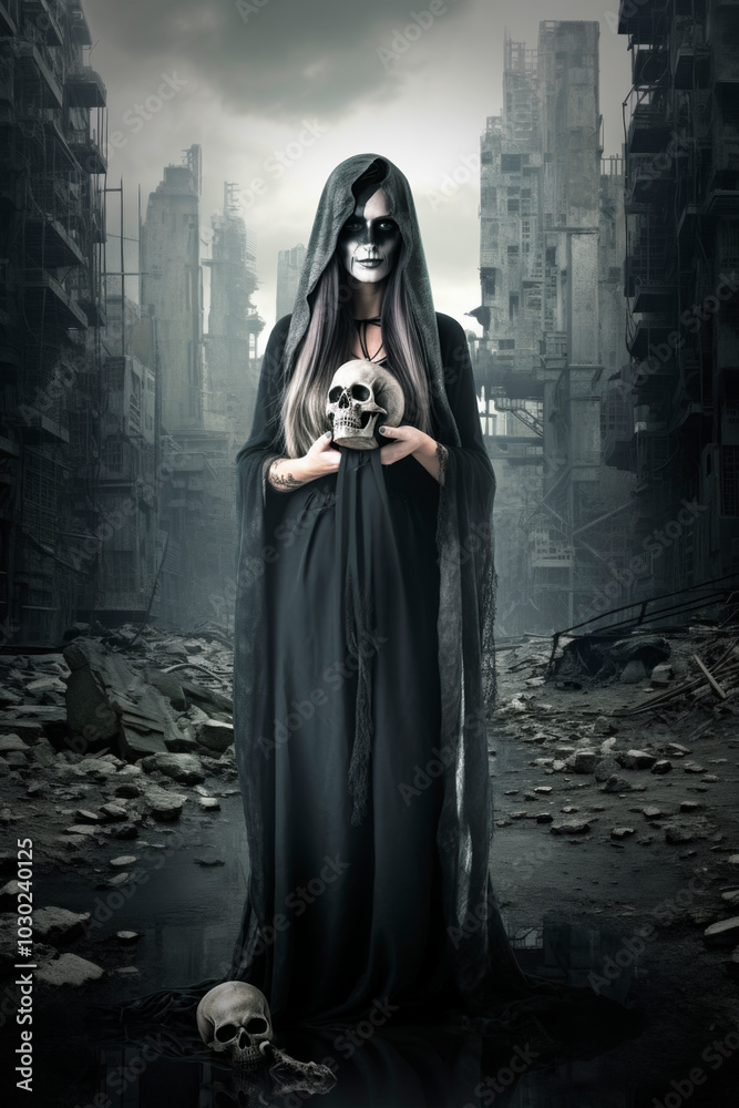Halloween witch holding a skull standing over destroyed building in city with debris and collapsing, Halloween mystery concept