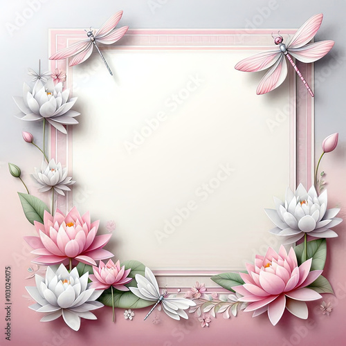 Scrapbook style paper, greeting, wedding card, space in middle in light pink color, around the paper are lotus, waterlilies flowers and dragon-flies, gradient background in pink, silver, and white 3D photo