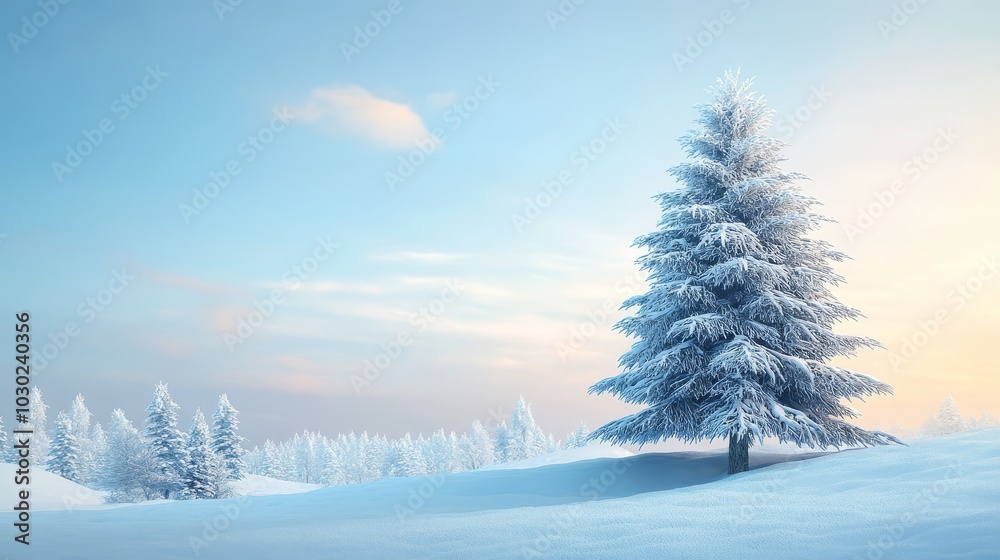 A snowy fir tree stands tall against a winter backdrop. A snowy fir tree stands tall against a winter backdrop.