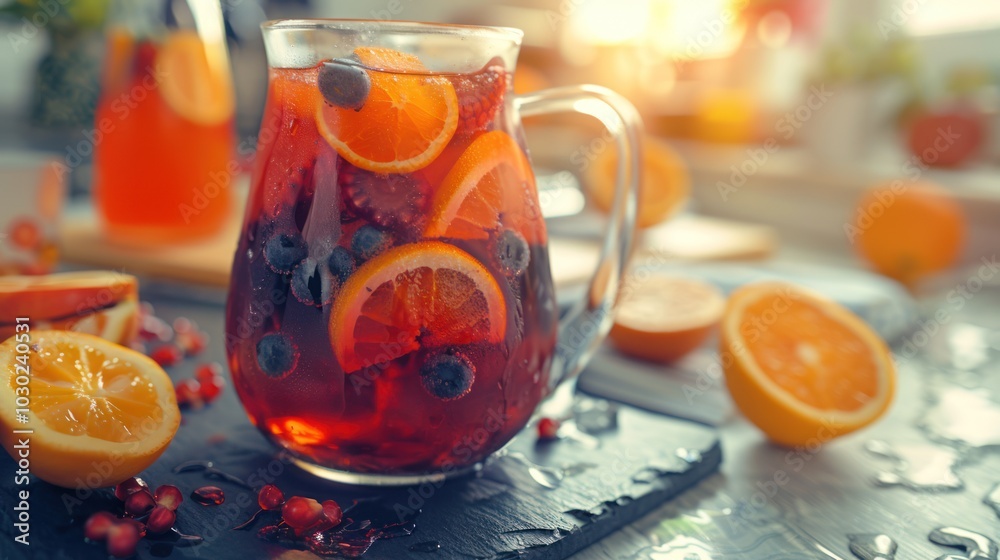 Glass Pitcher Filled with Red Sangria with Orange Slices and Blueberries Glass Pitcher Filled with Red Sangria with Orange Slices and Blueberries