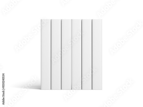 Six books isolated on white background. Mockup. Blank. Cover. Spine. 3d illustration.