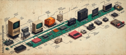 An illustration of the evolution of technology from early computers to modern smartphones and devices, depicted as a timeline along a circuit board