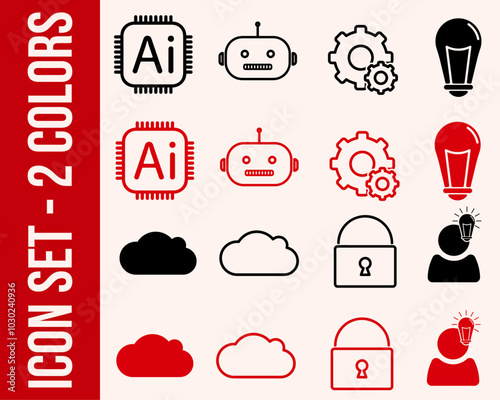 Ensemble d'icônes, informatique, intelligence artificielle, robotique, innovation, illustration vectorielle