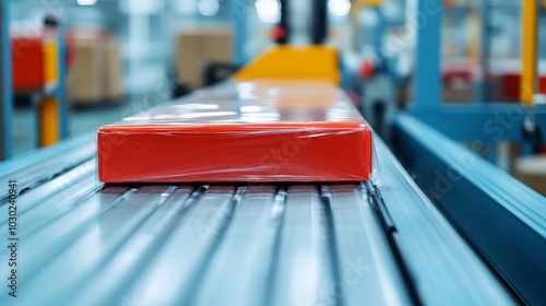 A red package moves along a conveyor belt in a warehouse, showcasing the logistics of packaging and shipping processes.